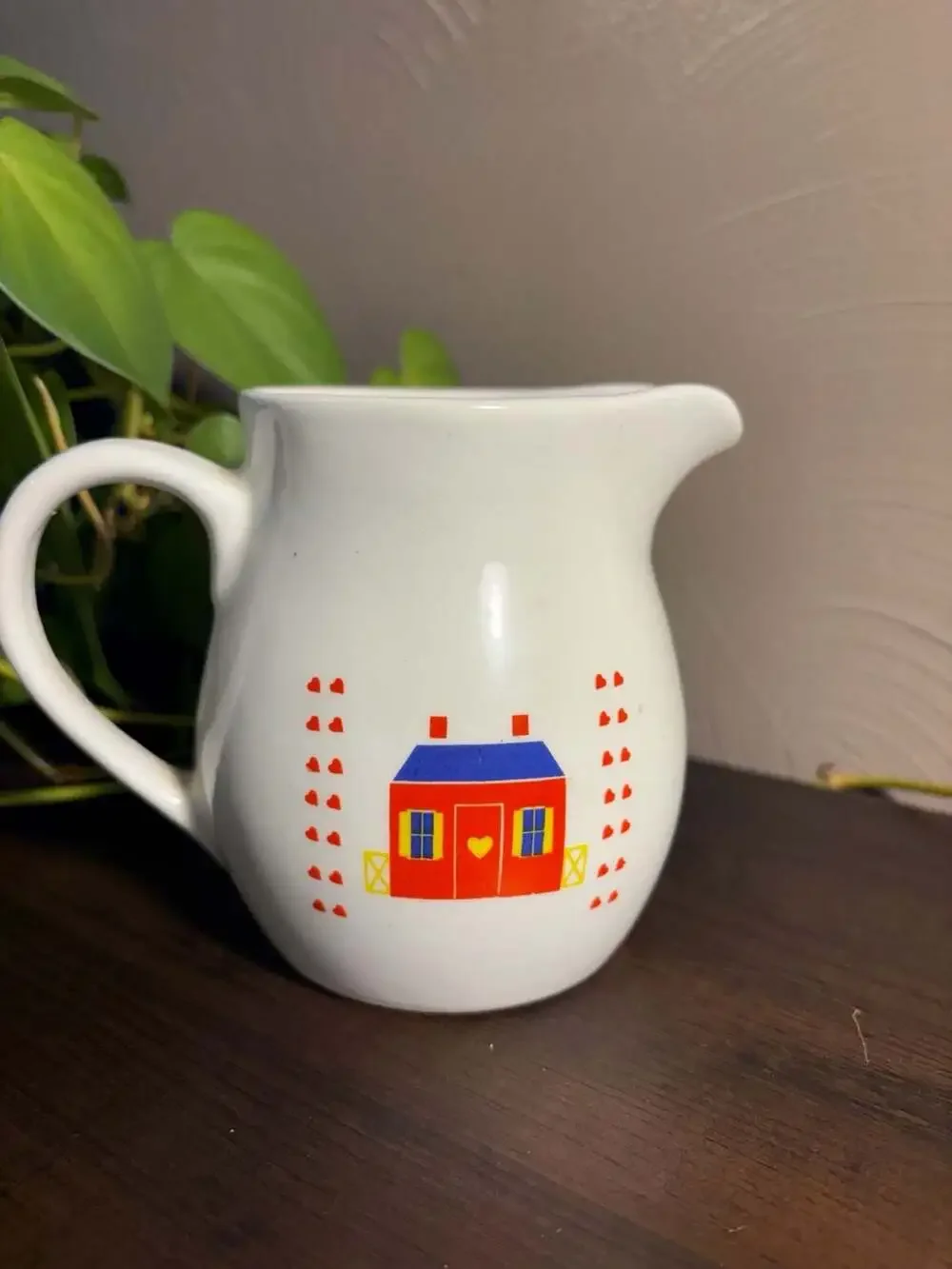 Vintage Ceramic Creamer Pitcher with Red Country Cottage House and Hearts Design